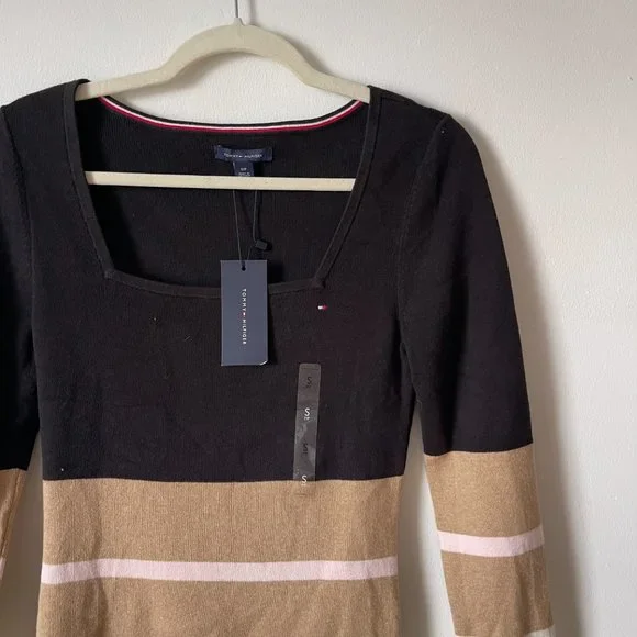 NWT Tommy Hilfiger Essential Stripe Square Neck Sweater In Black Size S - Picture 4 of 6